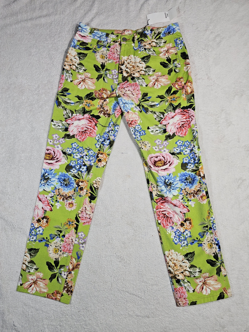Martine Rose Green Rose Floral Print Straight Leg Jeans Size L.